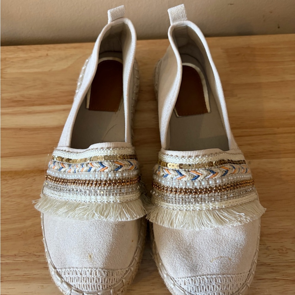SHEIN Cream and Gold Embellished Espadrilles